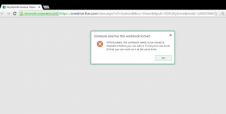 An error window displayed in a browser to showing that someone has an Excel workbook locked