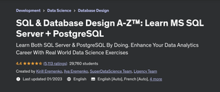 A screenshot of the Udemy website advertising the 'SQL & Database Design A-Z™: Learn MS SQL Server + PostgreSQL' course
