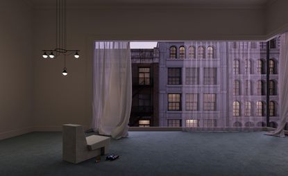 A 3D render of a room. Blue carpet covers the entire floor, with a gray armchair being the only piece of furniture in the room. The panoramic window goes around the corner, and it&#039;s open. Through it, we see the buildings across the road.