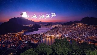 AI generated image from the prompt "Santa flying his sleigh and reindeer over Rio De Jeneiro"