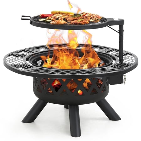 Bali Outdoors 32 Inch Fire Pit With Poker, Wood Burning Fire Pit Patio for Outside With Grill