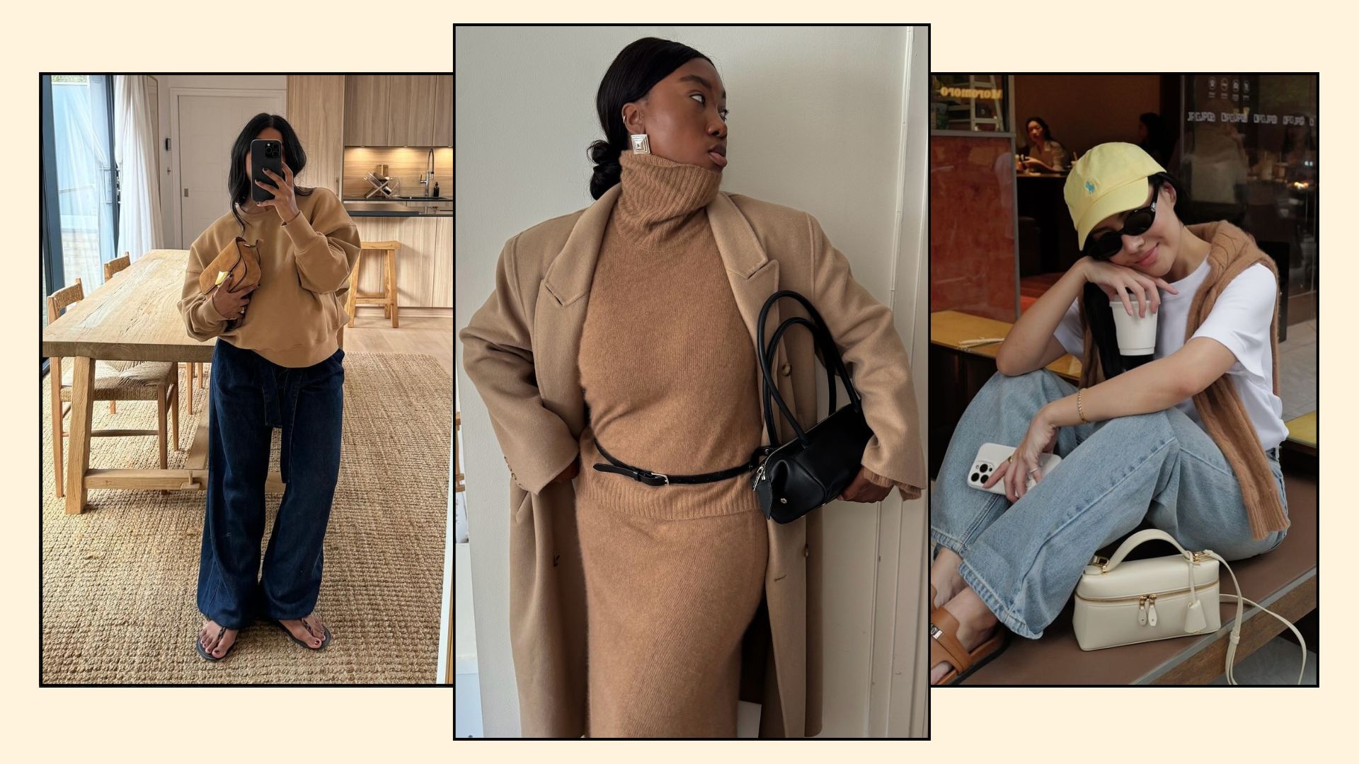Three women wearing camel jumpers