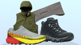 a photo of Merrell products including a headband, walking shoes, trail running shoes and a vest
