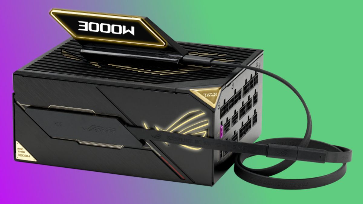 A promotional photo of an Asus ROG Thor 3000W Platinum III Edition 20 power supply unit against a colorful background