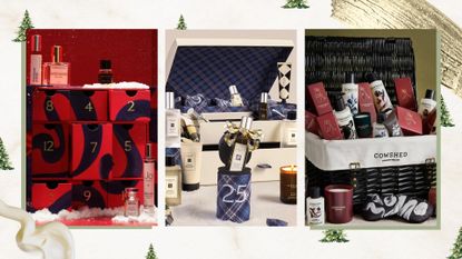 Trio of images of the best beauty advent calendars 2026 (L-R) from John Lewis, Jo Malone and Cowshed, on a neutral background with green Christmas trees and cream and gold glitter swatches
