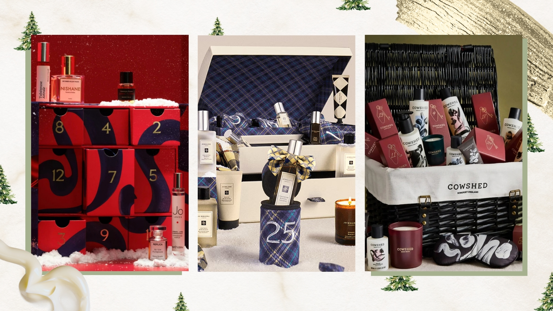 Trio of images of the best beauty advent calendars 2026 (L-R) from John Lewis, Jo Malone and Cowshed, on a neutral background with green Christmas trees and cream and gold glitter swatches