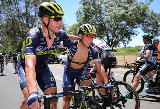 Orica-Scott's Roger Kluge and Caleb Ewan after the later won stage 1 at the Tour Down Under