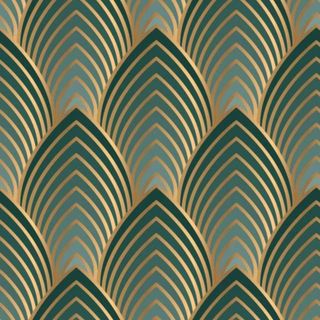 A square of dark green wallpaper with a feather pattern with gold lines