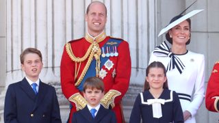 rince George of Wales, Prince William, Prince of Wales, Prince Louis of Wales, Catherine, Princess of Wales and Princess Charlotte of Wales on the Buckingham Palace balcony during Trooping the Colour