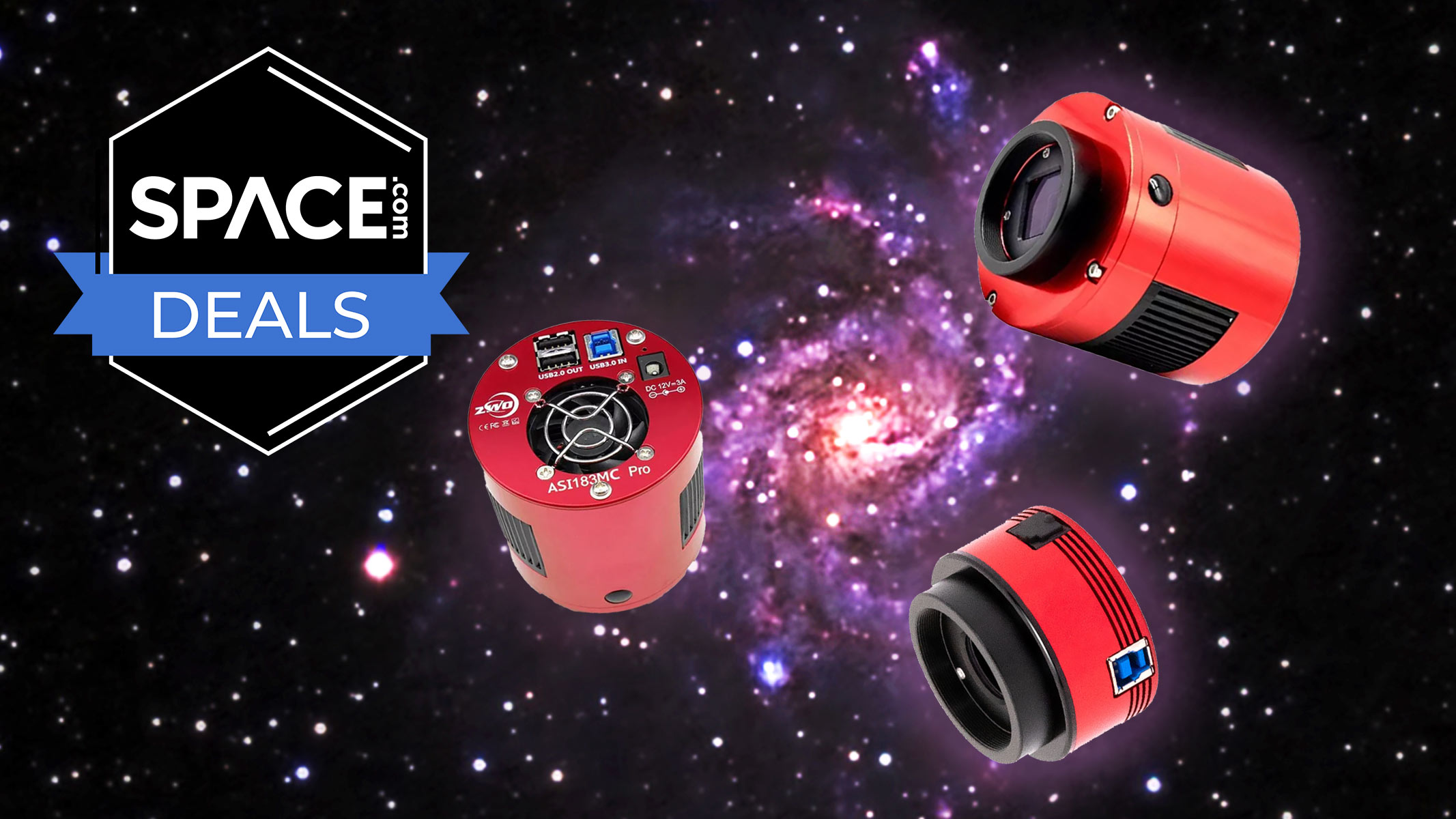 Three red ZWO astronomy cameras with an image of NGC 6946 in the background and a black Space.com deals badge in the upper left corner. 