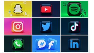 Snapchat, Youtube, Spotify, Instagram, Facebook, Twitter, LinkedIn, WhatsApp 3D logos