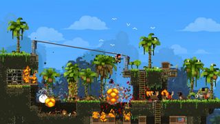 Local multiplayer games — In Broforce, Rambro ziplines over an explosive festival of nonspecific tropical destruction. It is very cool.