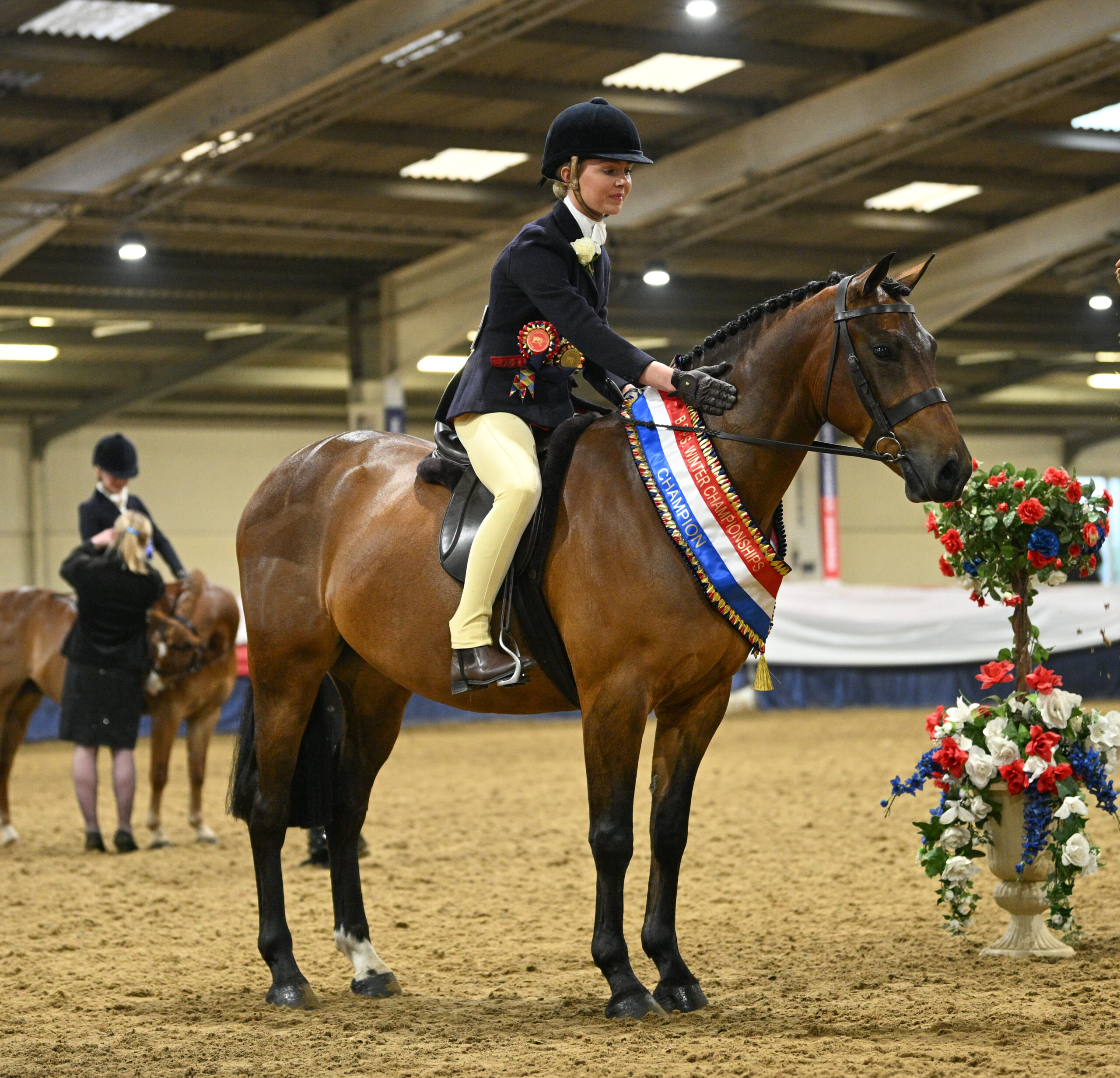 Annandale Aragorn gets a well deserved pat from rider Izzy Mason after the pair stand champion novice show hunter pony at the 2026 BSPS Winter Championships