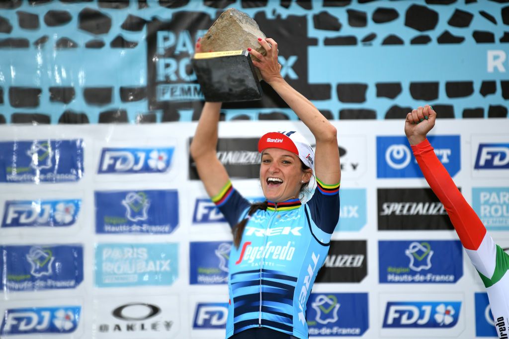 ROUBAIX FRANCE OCTOBER 02 Elisabeth DeignanArmitstead of United Kingdom and Team Trek Segafredo celebrates winning the race on the podium ceremony after the 1st ParisRoubaix 2021 Womens Elite a 1164km race from Denain to Roubaix ParisRoubaixFemmes ParisRoubaix on October 02 2021 in Roubaix France Photo by Tim de WaeleGetty Images