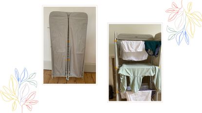 Two pictures of the Joseph Joseph Clothes Airer on a woman&amp;home background