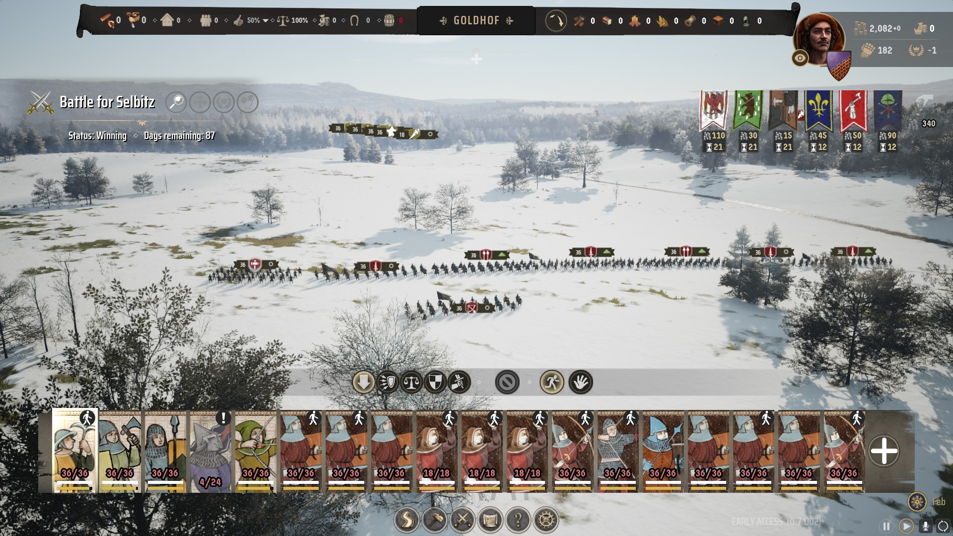 A snowy battlefield in the game Manor Lords