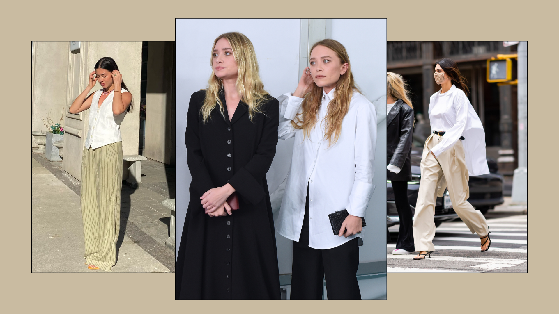 An image of the Olsen twins wearing wide-leg trousers.