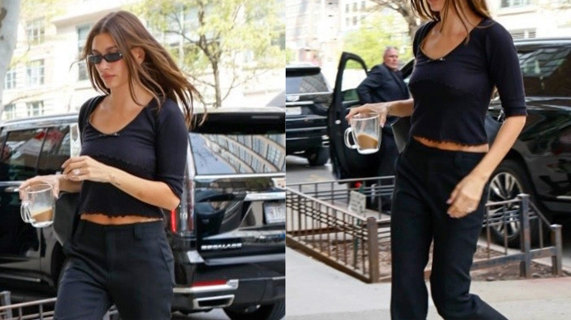Hailey Bieber in NYC wearing a black V-neck tee, cropped flared pants, and kitten-heel pumps