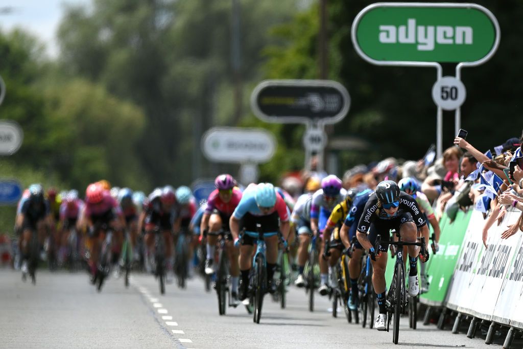 HARLOW ENGLAND JUNE 07 Lorena Wiebes of Netherlands and Team DSM sprints at finish line to win the 8th The Womens Tour 2022 Stage 2 a 921km stage from Harlow to Harlow WomensTour UCIWWT on June 07 2022 in Harlow England Photo by Justin SetterfieldGetty Images