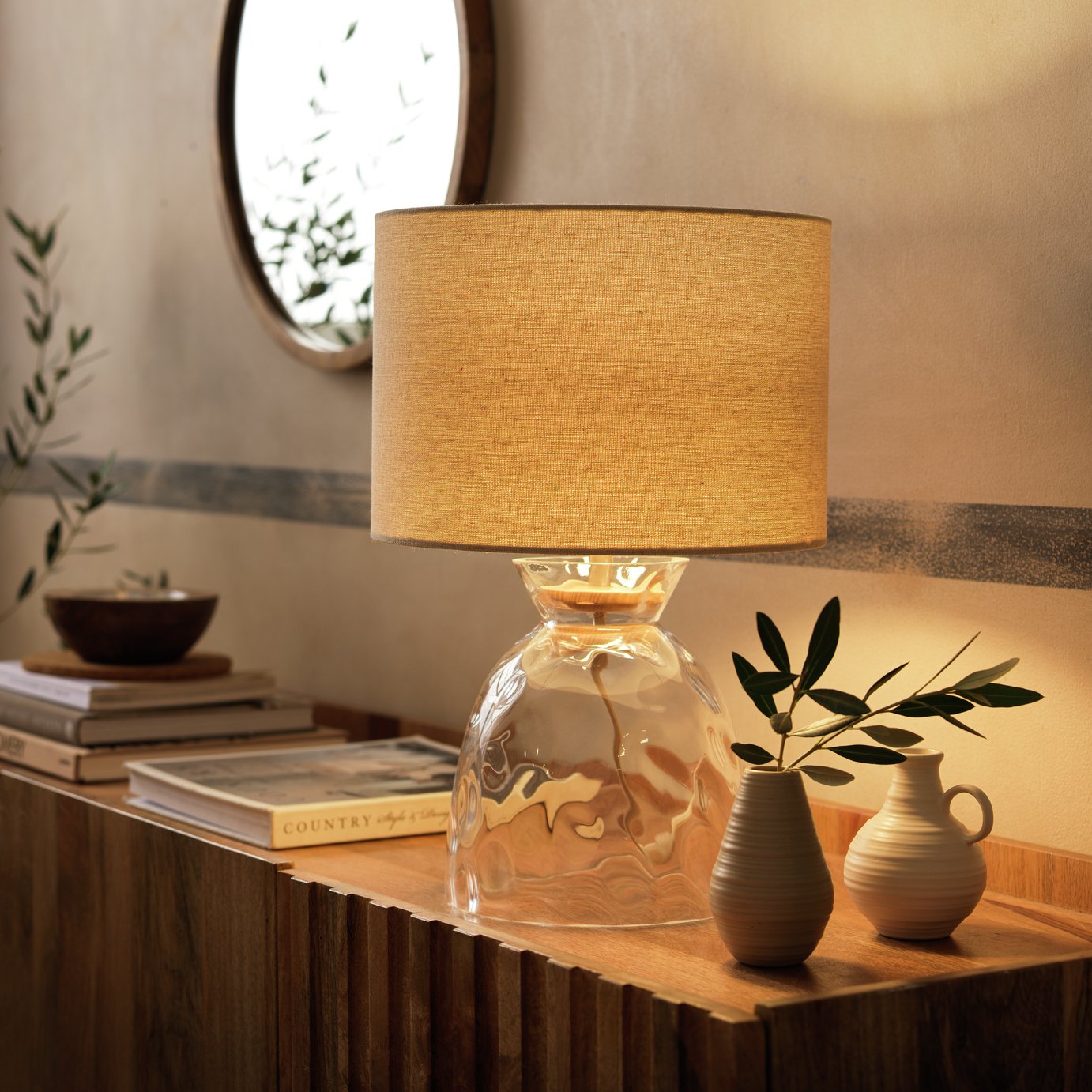 Habitat Vanern Dimple 42cm Glass Table Lamp - Clear &amp;amp; Cream