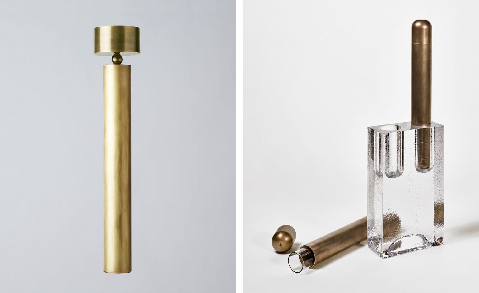 ’Cylinder Pendant White’ (left) and ’Double Block’ vase