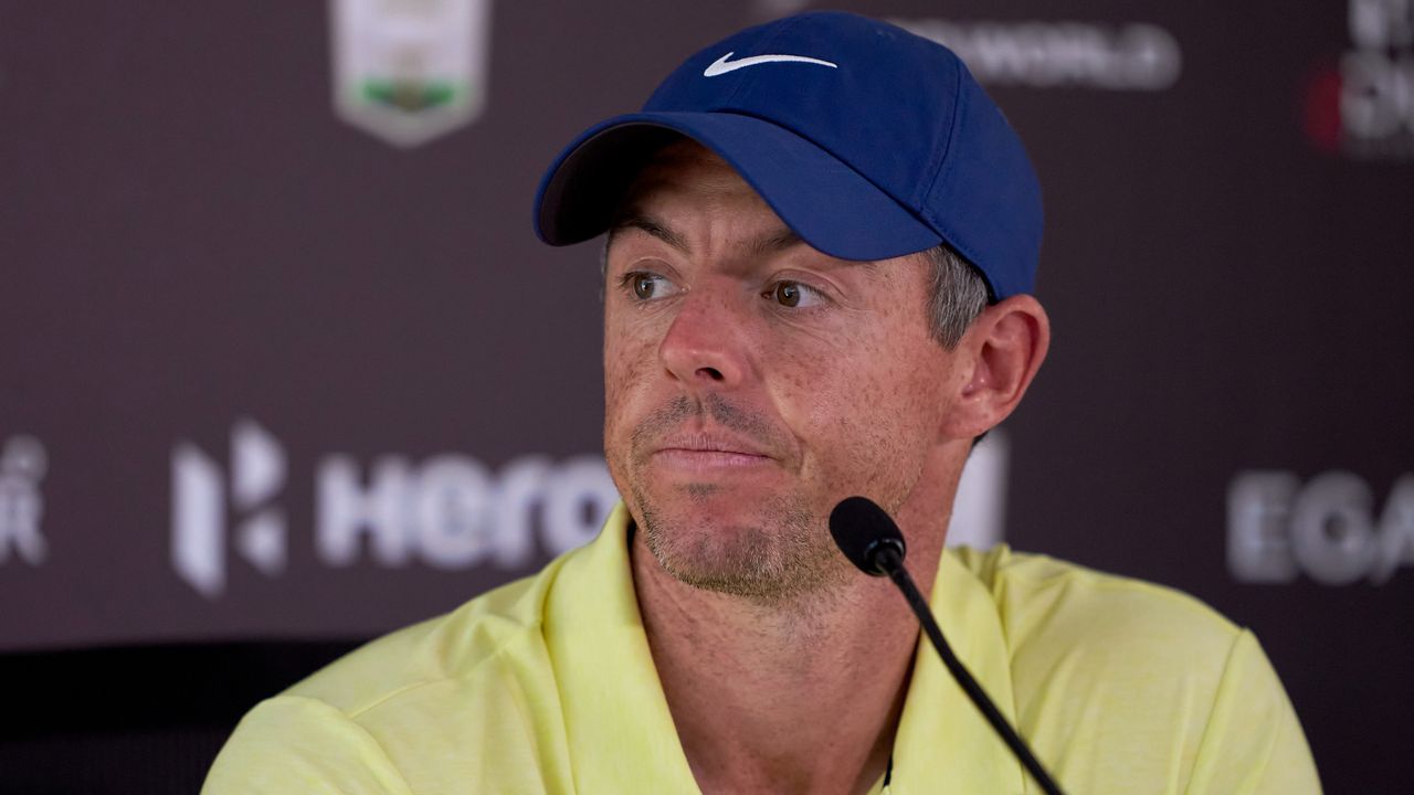 Rory McIlroy speaking to the media at a press conference