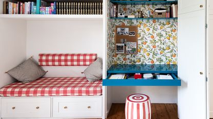 bespoke storage with cupboard and hidden desk and bench seat with cushion