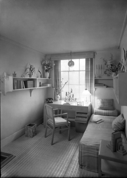 Black and white photographs of a minimalist Art Deco interior