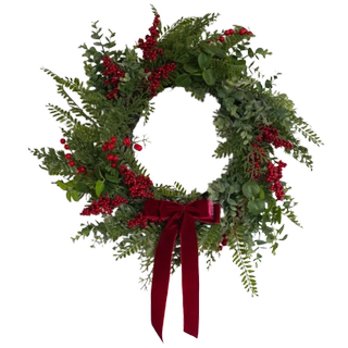 55cm Artificial Red Berry & Pinecone Red Velvet Bow Wreath