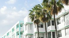 Pastel stucco condos with palm trees in Florida.