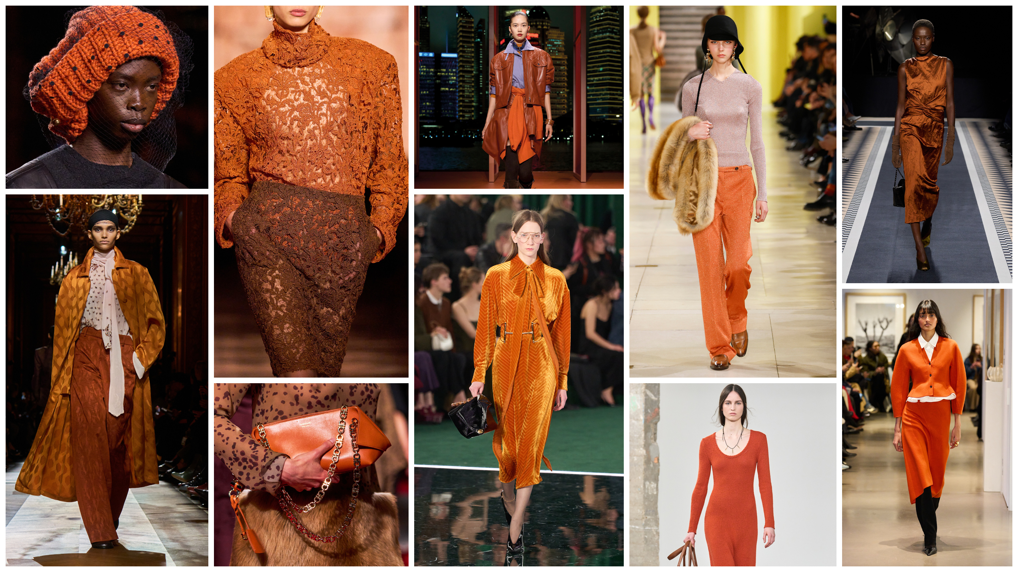 the orange fall 2025 color trend at Fendi, Dries Van Noten, Saint Laurent, Ferragamo, Hermès, Gucci, Miu Miu, Gabriela Hearst, Lanvin, and Ashlyn