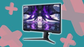 Samsung Odyssey G3 monitor with blue backdrop and pink GamesRadar+ symbols