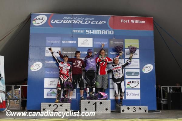 Womens 4X podium (l to r) Celine Gros of Team Morzine-Avoriaz/Haute-Savoie, Joey Gough, Anneke Beerten of Milka-Trek, Lucia Oetjen, Melissa Buhl
