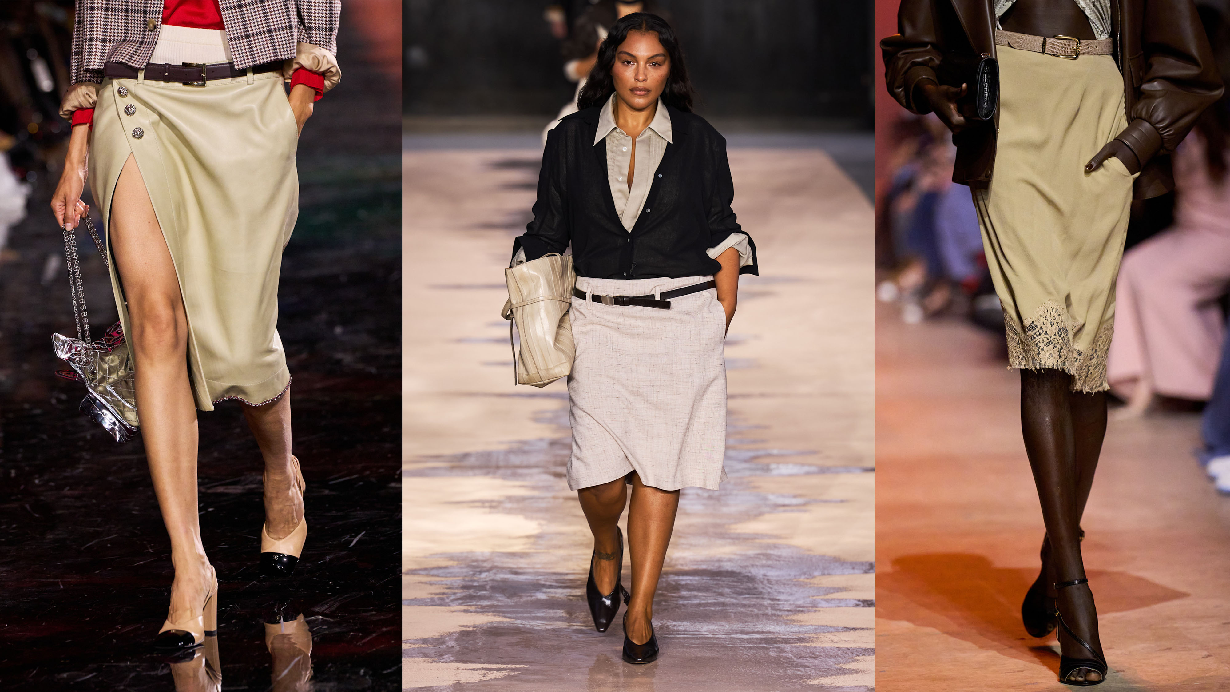 Models on the SS26 runways wearing midi skirts with belts