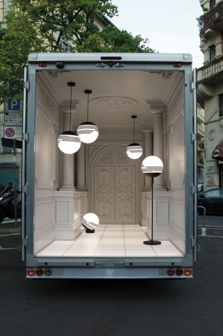 Lamps inside lorry styled like a house interior in Lee Broom book