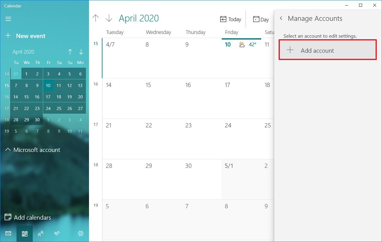 Calendar add account option