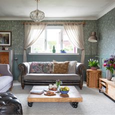 colourful living room with wallpaper and panelling