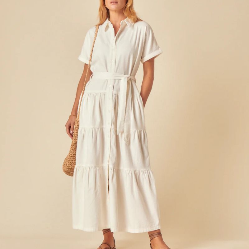 white tiered shirt dress with self fabric belt