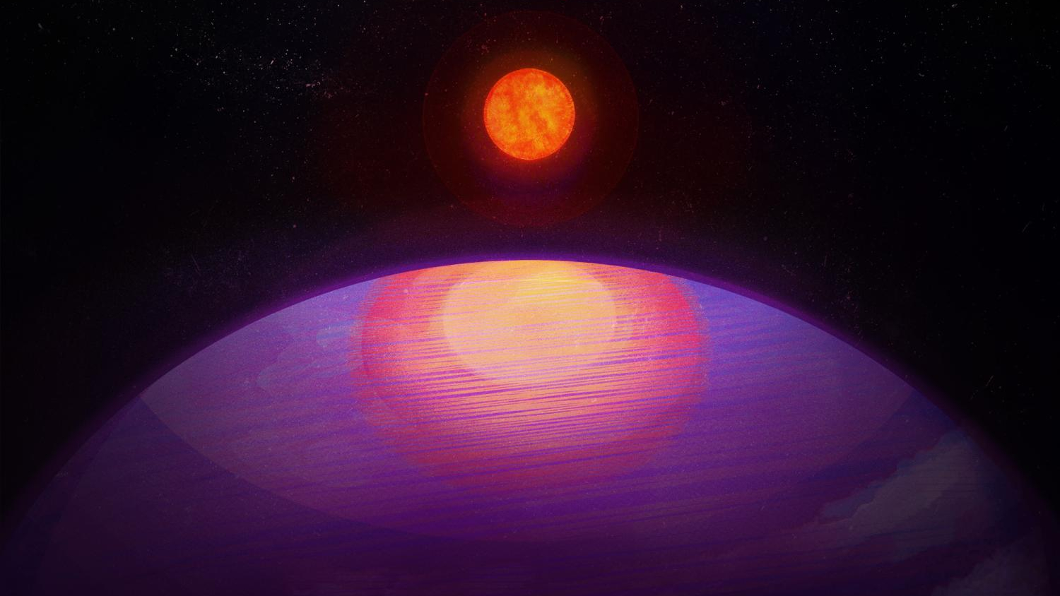 the top half of a large purple orb raises from the bottom like an eye peering upward, its diameter spanning the bottom of the image, near its top, lighter purple in the shape of an eye, with a red/orange iris and yellow pupil. a small orange/yellow sun hangs above in the center. Illustration shows a massive planet in orbit around a diminutive star.