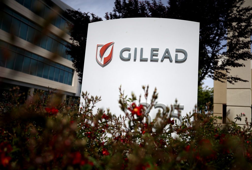 A sign is posted in front of the Gilead Sciences headquarters on April 29, 2020 in Foster City, California.