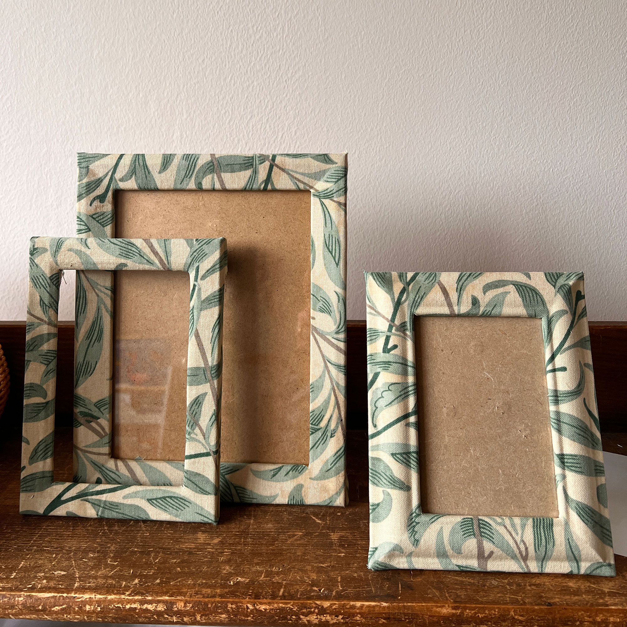 Three empty photo frames with botanical prints