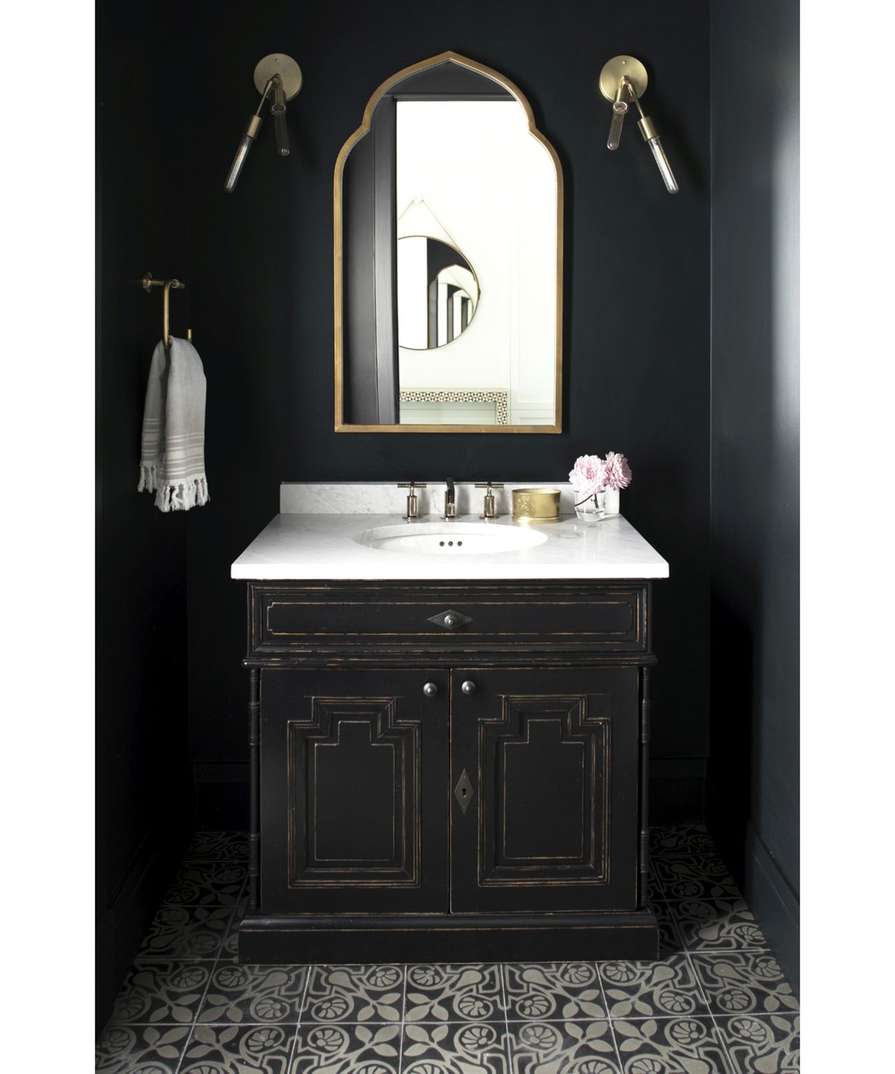Black Bathroom Planner with Monochrome Floor Tiles and Mirror by Benjamin Moore