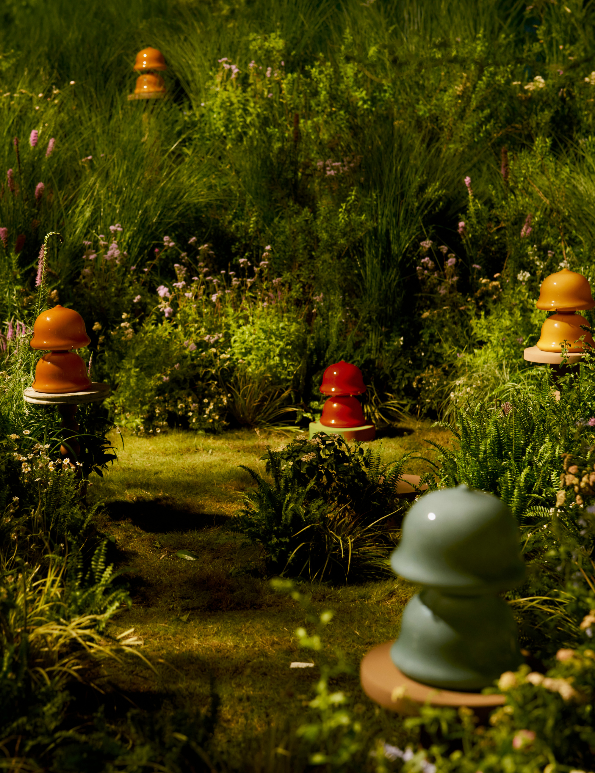 Colorful table lamps styled in an whimsical forest setting
