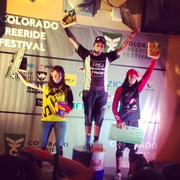 Tracy Moseley atop the EWS podium at the round in Colorado