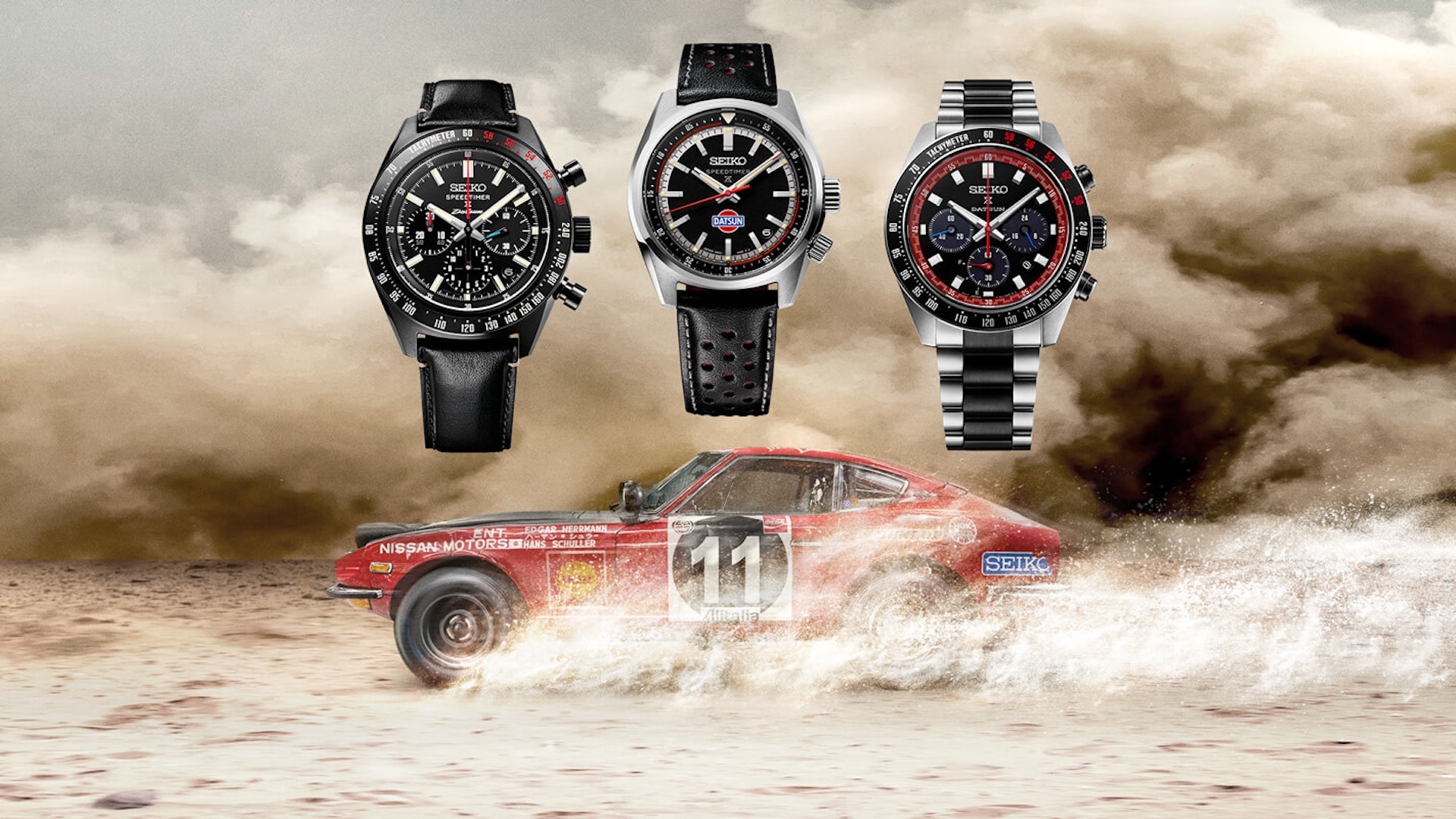 Three new Seiko watches with a car driving underneath kicking up dirt 
