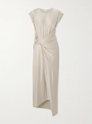 Embellished Asymmetric Draped Satin-Jersey Midi Dress