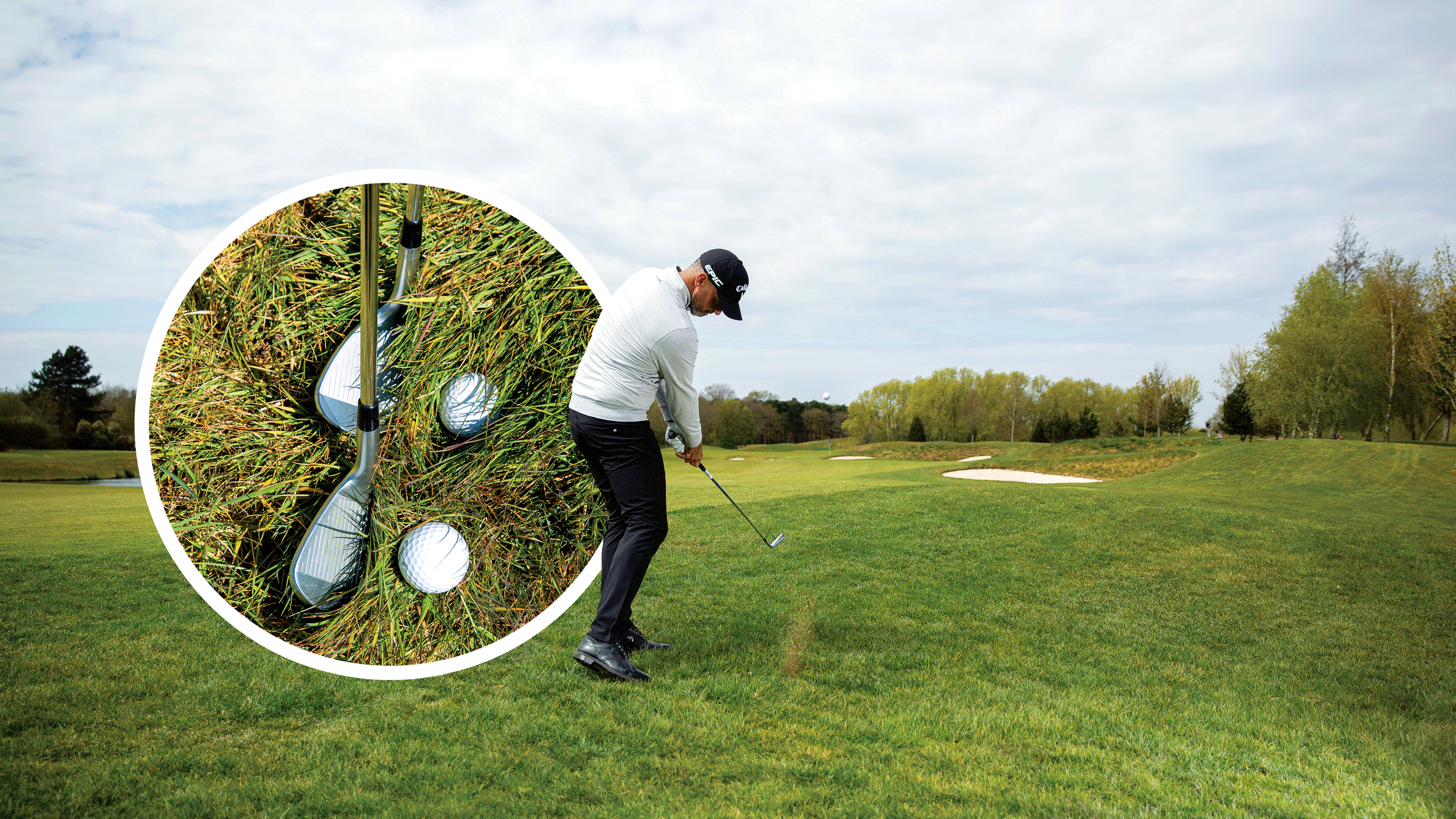 Zane Scotland hitting an iron shot from the rough with an inset image of the golf ball in long juicy rough with the club behind to showcase length
