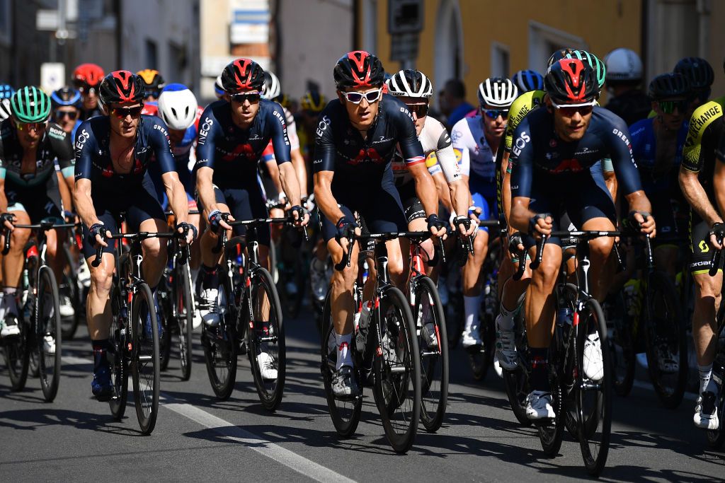 LORETO ITALY SEPTEMBER 13 Salvatore Puccio of Italy and Team INEOS Grenadiers Rohan Dennis of Australia and Team INEOS Grenadiers Geraint Thomas of The United Kingdom and Team INEOS Grenadiers Peloton during the 55th TirrenoAdriatico 2020 Stage 7 a 181km stage from Pieve Torina to Loreto 114m TirrenAdriatico on September 13 2020 in Loreto Italy Photo by Justin SetterfieldGetty Images