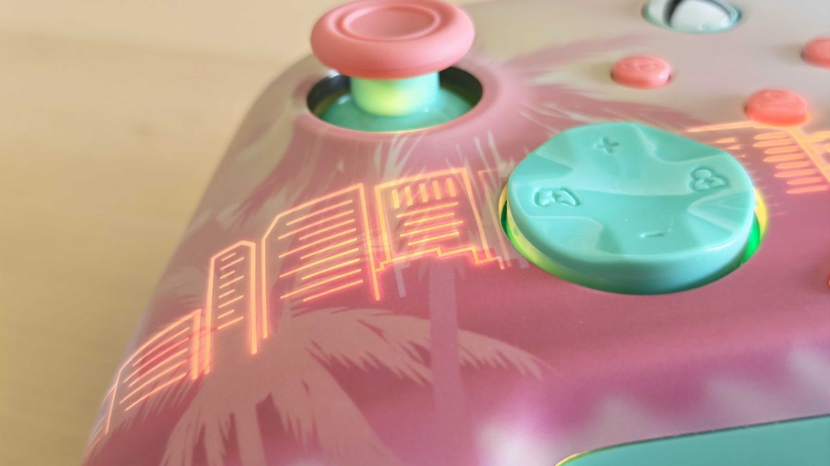 The Turtle Beach Pacific Skyline Wireless Controller on a clean wooden surface.