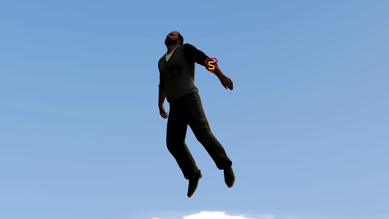 Franklin flying, Superman-style.